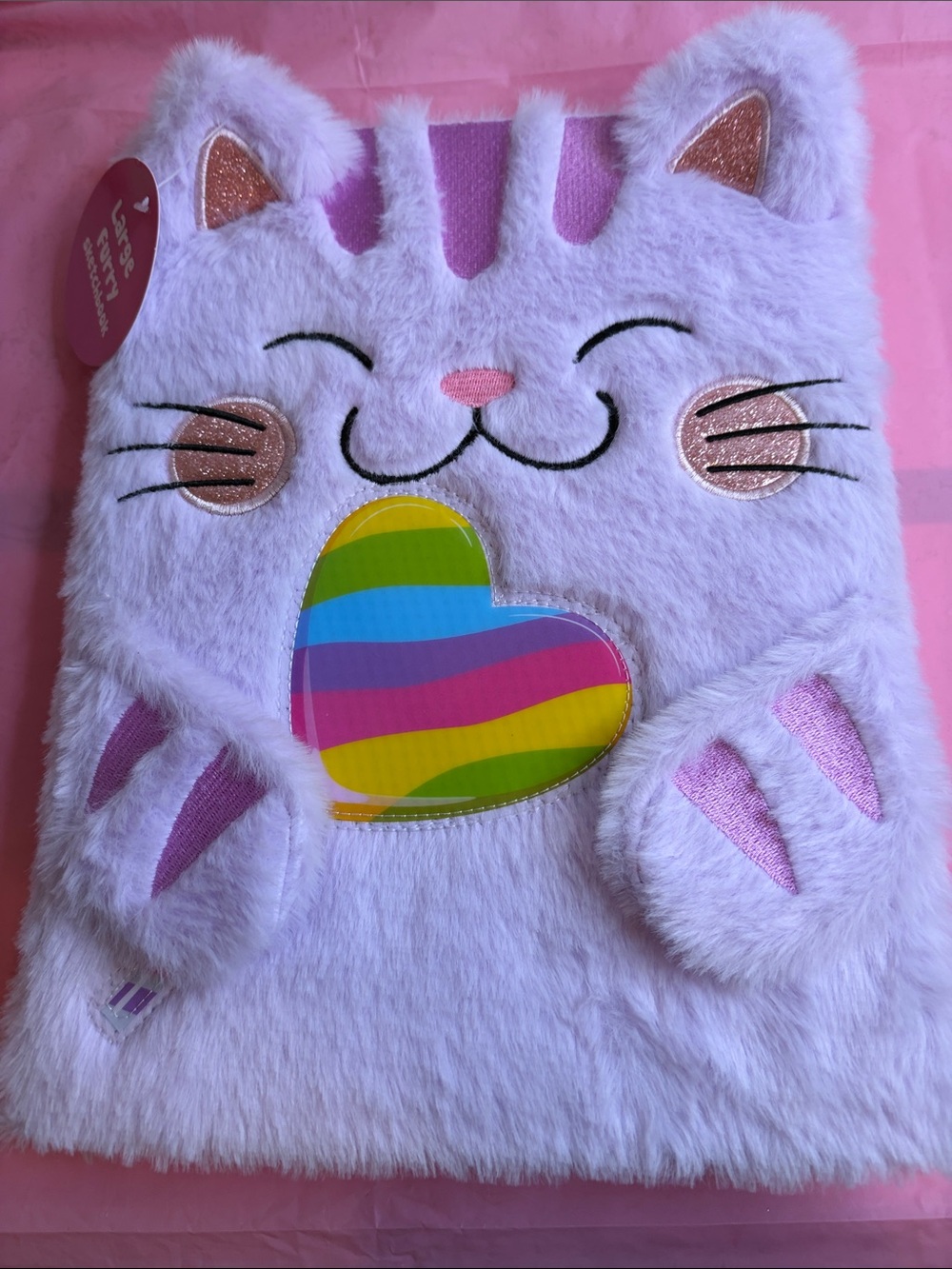 Kids Plush Purple Cat Notebook with Rainbow Heart - Unbranded